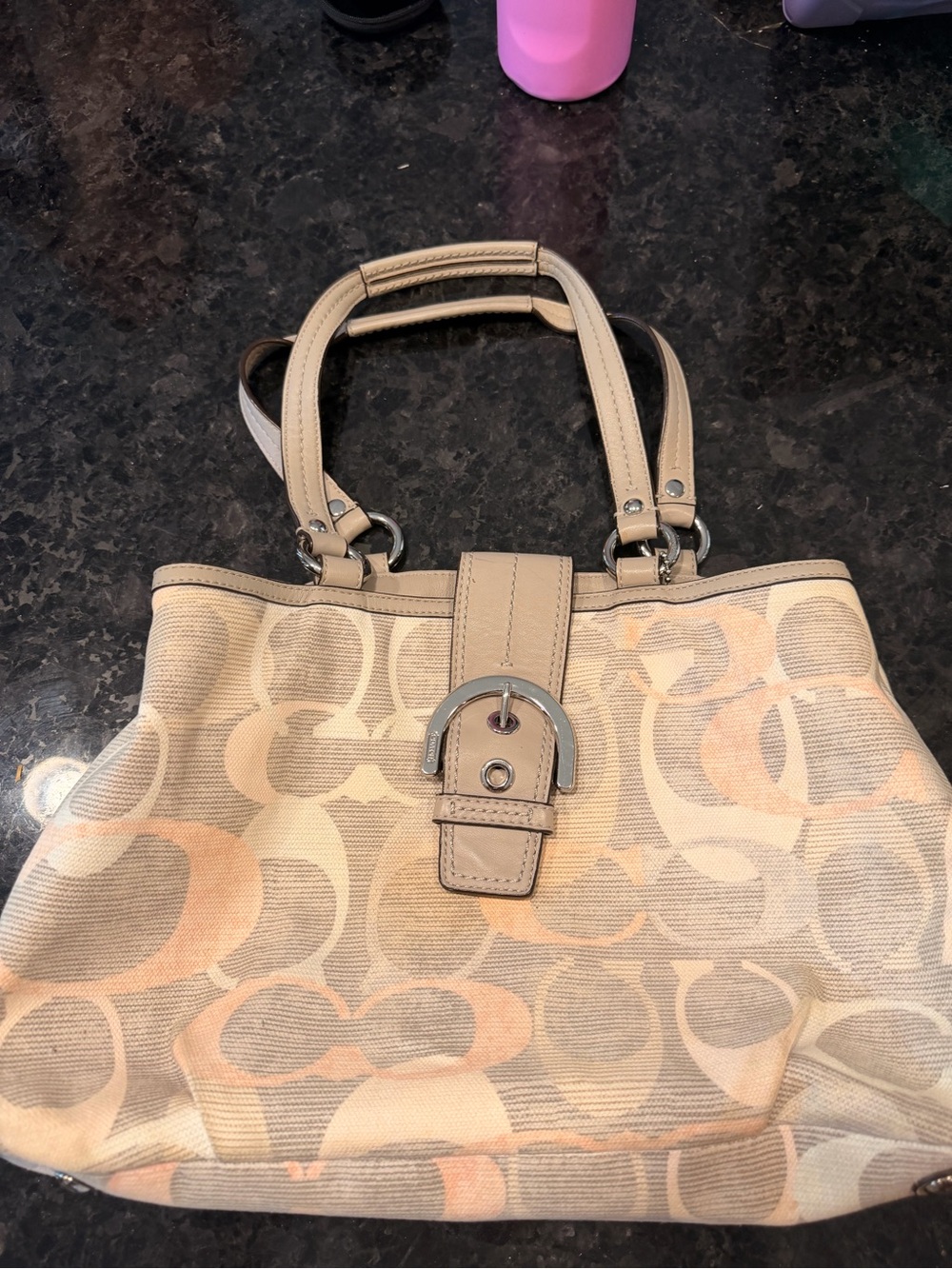 Coach Signature Canvas Shoulder Bag in Beige and Tan